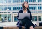 Woman Bench Laptop Outside